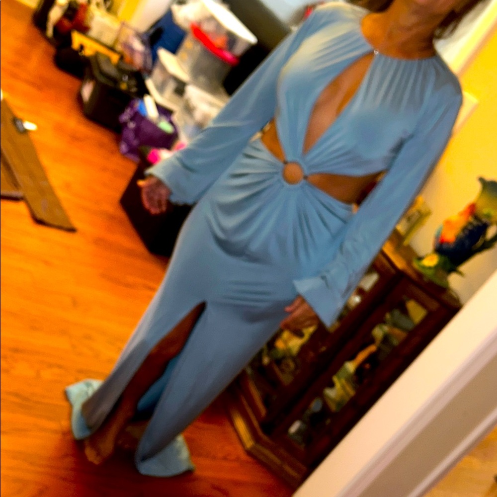 Michael Costello Sky Blue Cut-Out Long Sleeve Dress